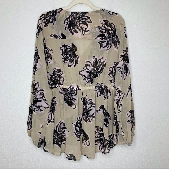 Lane Bryant Boho Floral V-neck Sheer Tan Long Sleeves Peplum Top - Picture 5 of 11